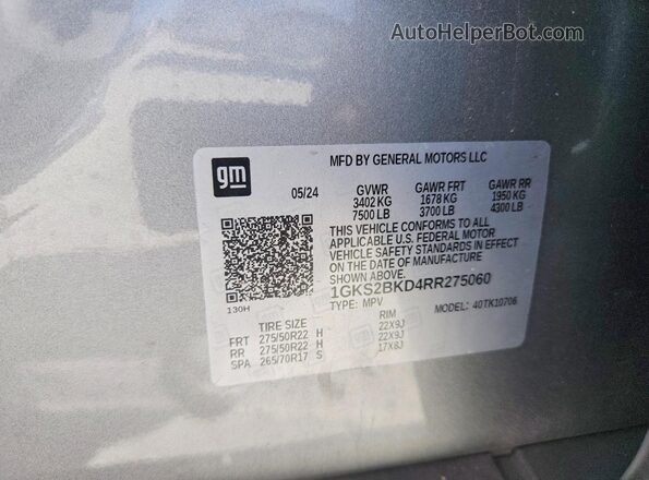 1GKS2BKD4RR275060 2024 GMC YUKON Gray Vista interior de 360 grados