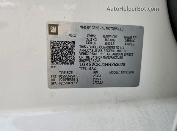 1GKS2CKJ1HR353028 2017 GMC YUKON White VIN կոդի պիտակի տեսք