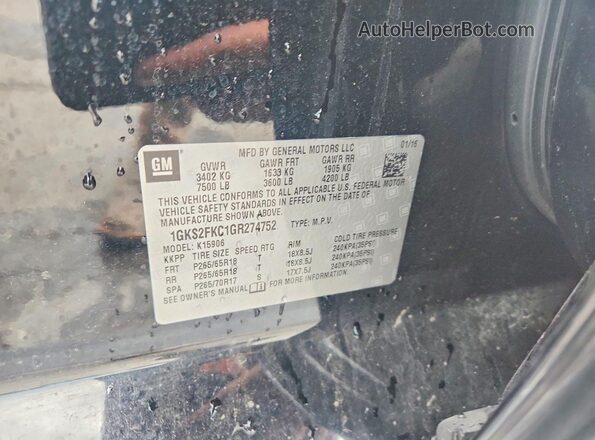 1GKS2FKC1GR274752 2016 GMC YUKON Black Widok naklejki z numerem VIN