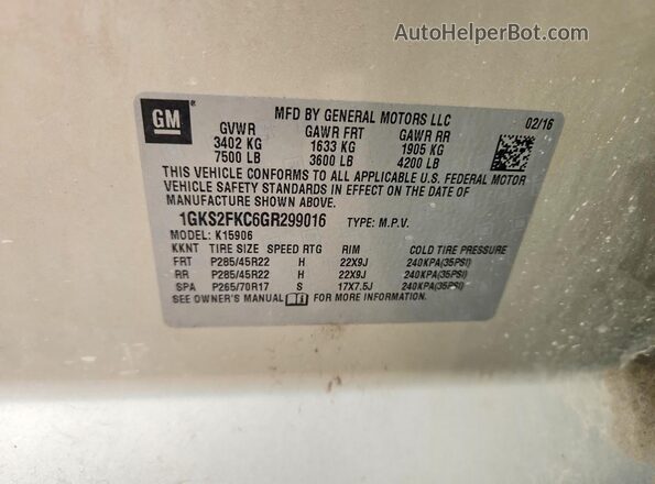 1GKS2FKC6GR299016 2016 GMC YUKON Tan Вид наклейки з VIN-кодом
