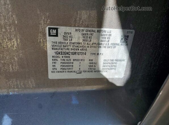 1GKS2GKC1GR107314 2016 GMC YUKON Gray VIN კოდის სტიკერის ხედი