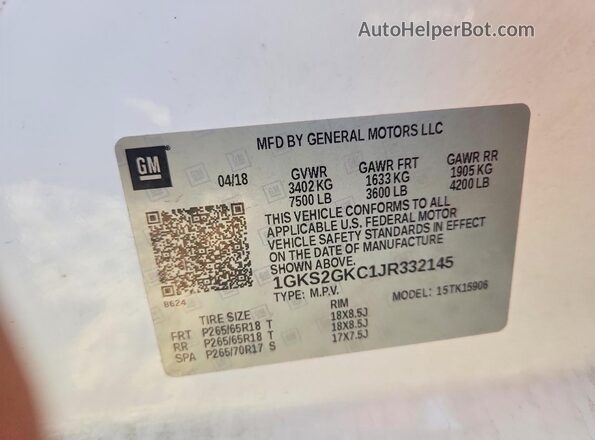 1GKS2GKC1JR332145 2018 GMC YUKON Белый Вид подкапотного пространства