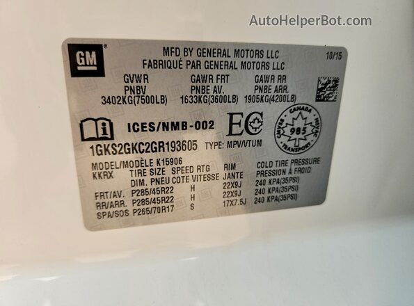 1GKS2GKC2GR193605 2016 GMC YUKON White VIN կոդի պիտակի տեսք