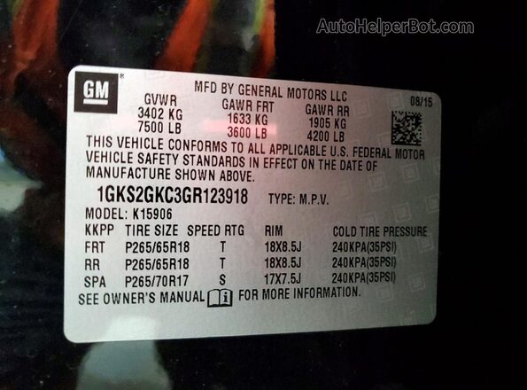 1GKS2GKC3GR123918 2016 GMC YUKON Black Vista de la etiqueta del VIN