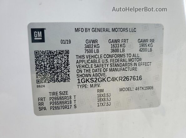 1GKS2GKC4KR267616 2019 GMC YUKON White VIN კოდის სტიკერის ხედი