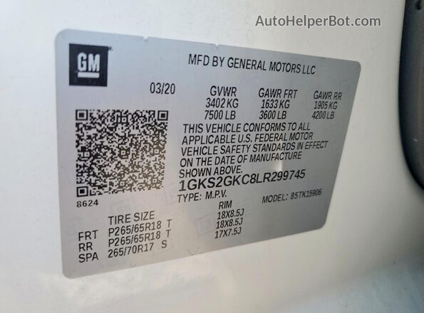 1GKS2GKC8LR299745 2020 GMC YUKON White VIN կոդի պիտակի տեսք