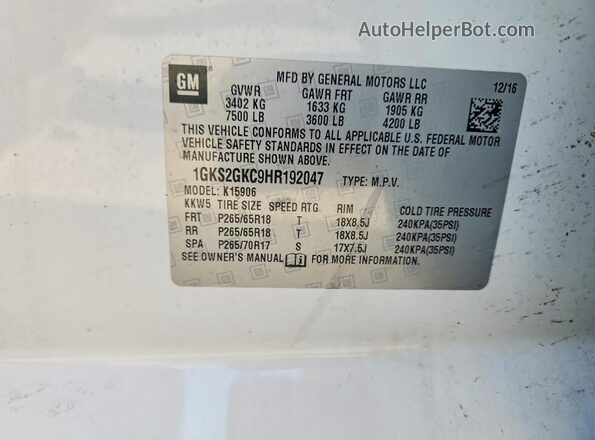 1GKS2GKC9HR192047 2017 GMC YUKON White Սալոնի 360 աստիճան տեսք