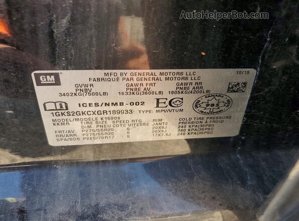 1GKS2GKCXGR189933 2016 GMC YUKON Black Vista interior de 360 grados