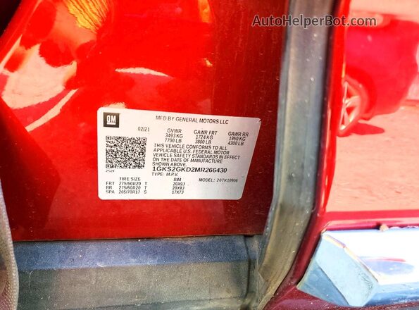 1GKS2GKD2MR266430 2021 GMC YUKON Burgundy Vista de la etiqueta del VIN