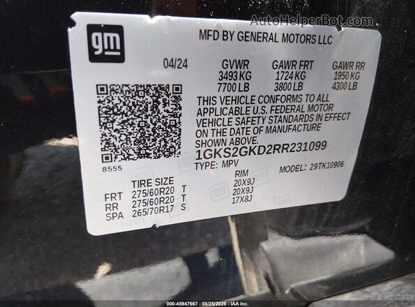 1GKS2GKD2RR231099 2024 GMC YUKON Black Вид підкапотного простору