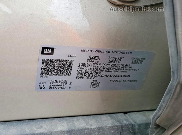 1GKS2GKD4MR214068 2021 GMC YUKON Tan VIN sticker view