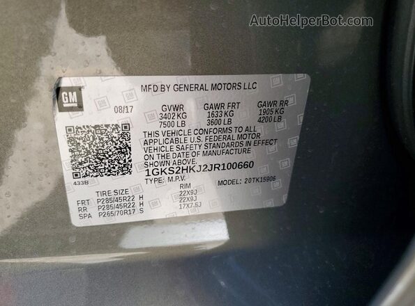 1GKS2HKJ2JR100660 2018 GMC YUKON Gray Widok naklejki z numerem VIN