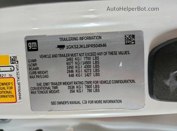 1GKS2JKL0PR504946 2023 GMC YUKON White Вид наклейки з VIN-кодом