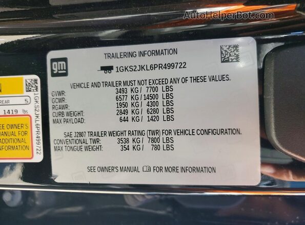 1GKS2JKL6PR499722 2023 GMC YUKON Black Widok naklejki z numerem VIN