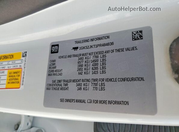 1GKS2JKT1PR484836 2023 GMC YUKON White Widok naklejki z numerem VIN