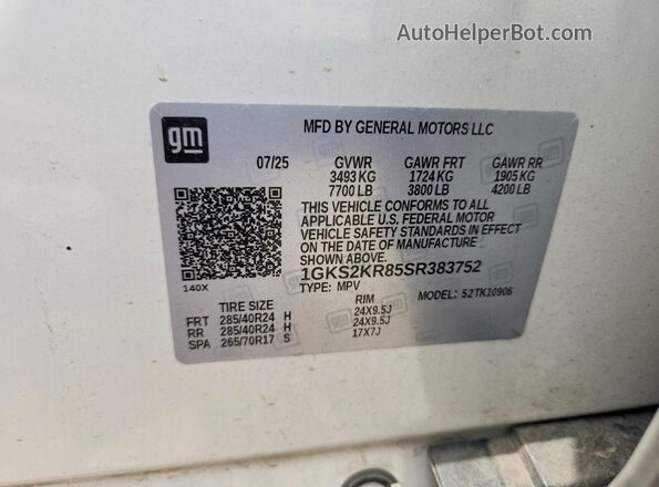 1GKS2KR85SR383752 2025 GMC YUKON White VIN კოდის სტიკერის ხედი