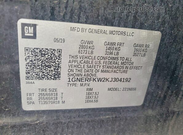 1GNERFKW2KJ304192 2019 CHEVROLET TRAVERSE Black Вид наклейки з VIN-кодом