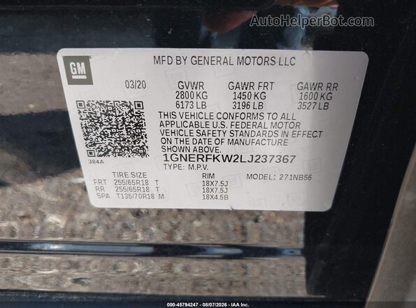 1GNERFKW2LJ237367 2020 CHEVROLET TRAVERSE Black Engine compartment view
