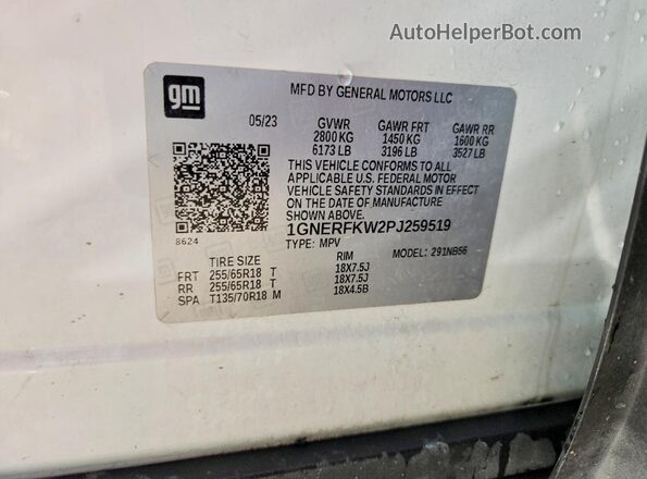 1GNERFKW2PJ259519 2023 CHEVROLET TRAVERSE White Вид наклейки з VIN-кодом