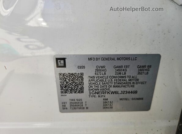 1GNERFKW6LJ234469 2020 CHEVROLET TRAVERSE White Widok naklejki z numerem VIN