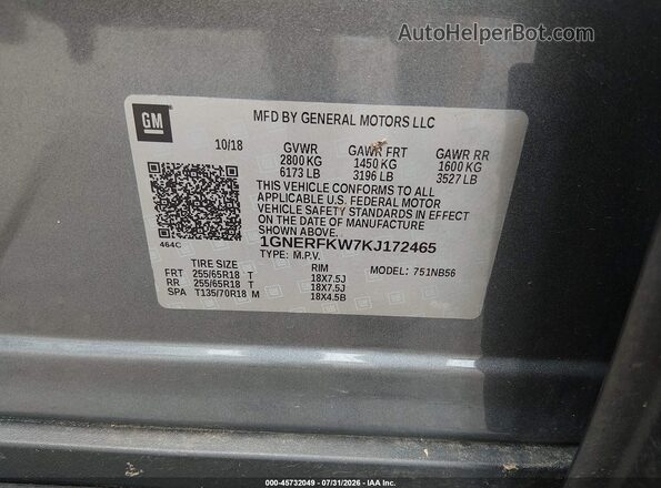 1GNERFKW7KJ172465 2019 CHEVROLET TRAVERSE Gray Շարժիչի բաժամունքի տեսք
