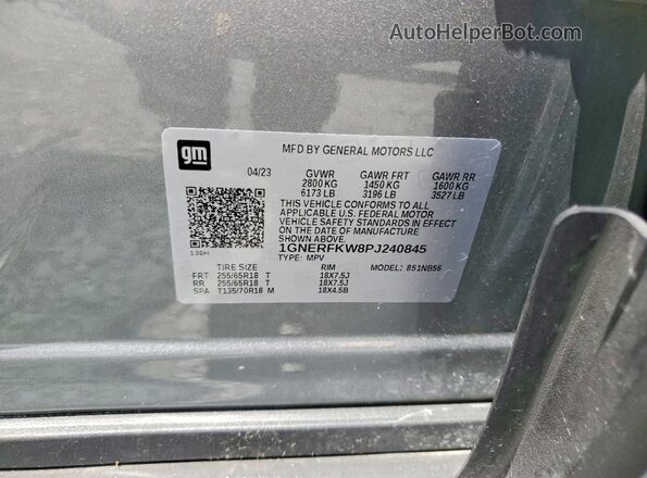 1GNERFKW8PJ240845 2023 CHEVROLET TRAVERSE Gray VIN sticker view