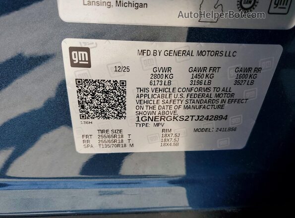 1GNERGKS2TJ242894 2026 CHEVROLET TRAVERSE Blue Панорамний вид салону 360°