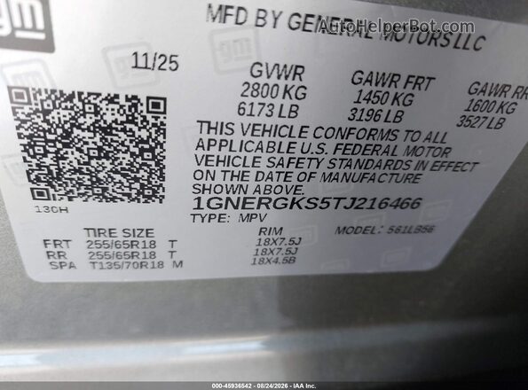 1GNERGKS5TJ216466 2026 CHEVROLET TRAVERSE Silver Vista del compartimento del motor