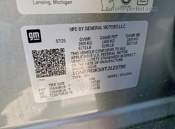 1GNERGKS9TJ123790 2026 CHEVROLET TRAVERSE Gray VIN კოდის სტიკერის ხედი