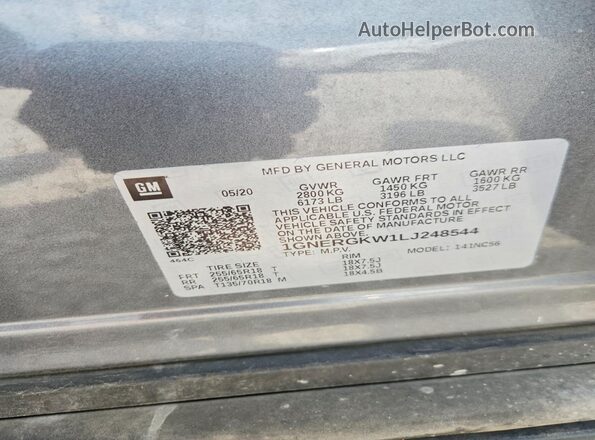 1GNERGKW1LJ248544 2020 CHEVROLET TRAVERSE Gray Vista interior de 360 grados