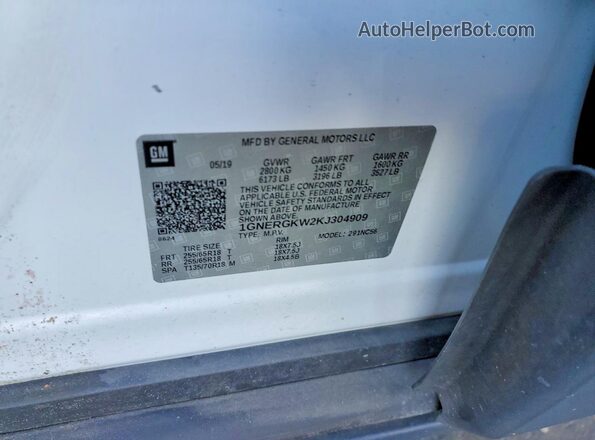 1GNERGKW2KJ304909 2019 CHEVROLET TRAVERSE White VIN კოდის სტიკერის ხედი