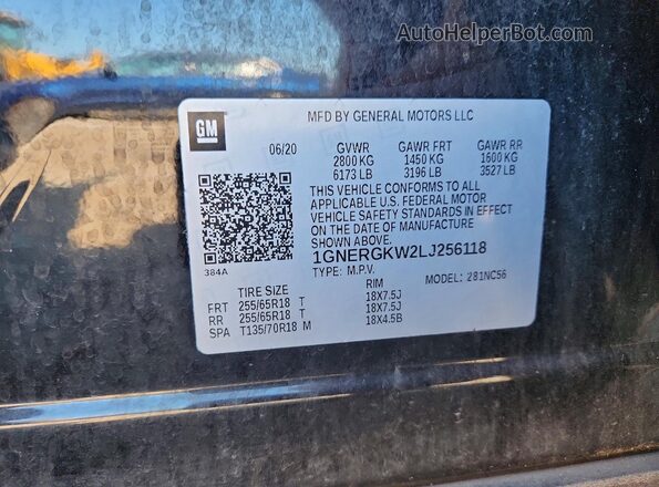 1GNERGKW2LJ256118 2020 CHEVROLET TRAVERSE Black VIN კოდის სტიკერის ხედი