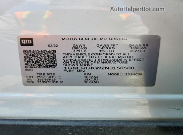 1GNERGKW2NJ150500 2022 CHEVROLET TRAVERSE White VIN კოდის სტიკერის ხედი