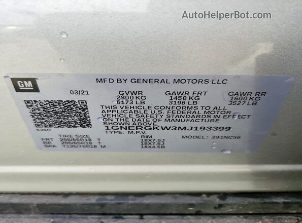 1GNERGKW3MJ193399 2021 CHEVROLET TRAVERSE Silver Вид наклейки з VIN-кодом
