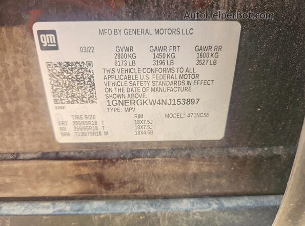1GNERGKW4NJ153897 2022 CHEVROLET TRAVERSE Burgundy VIN კოდის სტიკერის ხედი