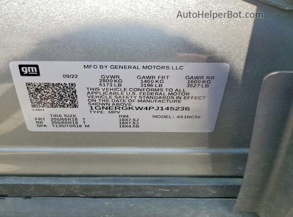 1GNERGKW4PJ145236 2023 CHEVROLET TRAVERSE Gray VIN კოდის სტიკერის ხედი
