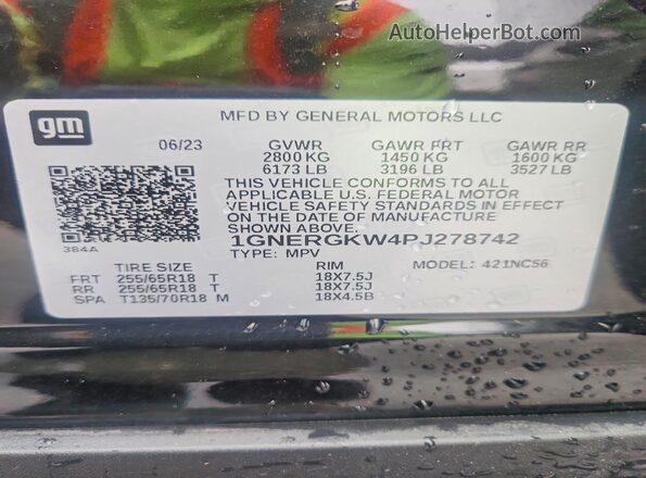 1GNERGKW4PJ278742 2023 CHEVROLET TRAVERSE Черный Вид наклейки с VIN-кодом