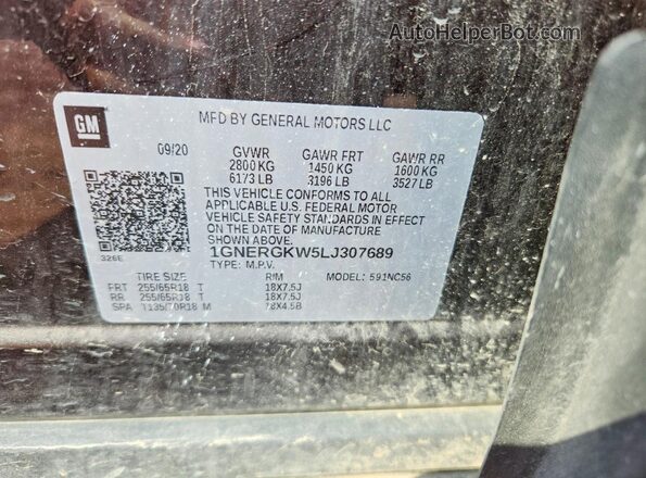 1GNERGKW5LJ307689 2020 CHEVROLET TRAVERSE Maroon Vista de la etiqueta del VIN