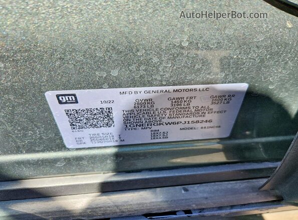 1GNERGKW6PJ158246 2023 CHEVROLET TRAVERSE Зеленый Вид наклейки с VIN-кодом