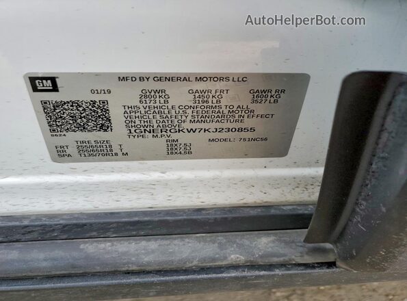 1GNERGKW7KJ230855 2019 CHEVROLET TRAVERSE Белый Вид наклейки с VIN-кодом