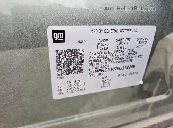 1GNERGKW7NJ172248 2022 CHEVROLET TRAVERSE Green Widok naklejki z numerem VIN
