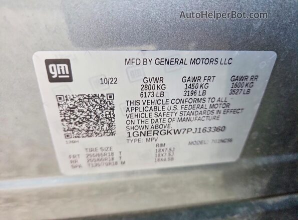 1GNERGKW7PJ163360 2023 CHEVROLET TRAVERSE Серебряный Вид наклейки с VIN-кодом
