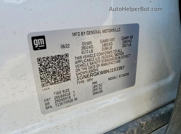 1GNERGKW8NJ193397 2022 CHEVROLET TRAVERSE White Vista del compartimento del motor