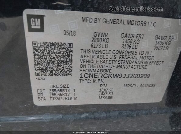 1GNERGKW9JJ268909 2018 CHEVROLET TRAVERSE Gray Вид підкапотного простору
