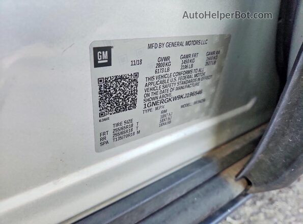 1GNERGKW9KJ196546 2019 CHEVROLET TRAVERSE Серебряный Вид наклейки с VIN-кодом