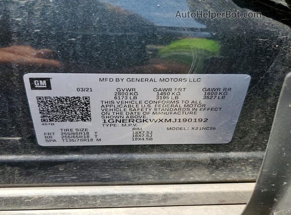 1GNERGKWXMJ190192 2021 CHEVROLET TRAVERSE Black Вид наклейки з VIN-кодом