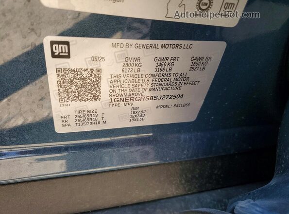 1GNERGRS8SJ272504 2025 CHEVROLET TRAVERSE Blue Widok naklejki z numerem VIN