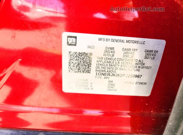 1GNERJKW2PJ250967 2023 CHEVROLET TRAVERSE Red Vista de la etiqueta del VIN