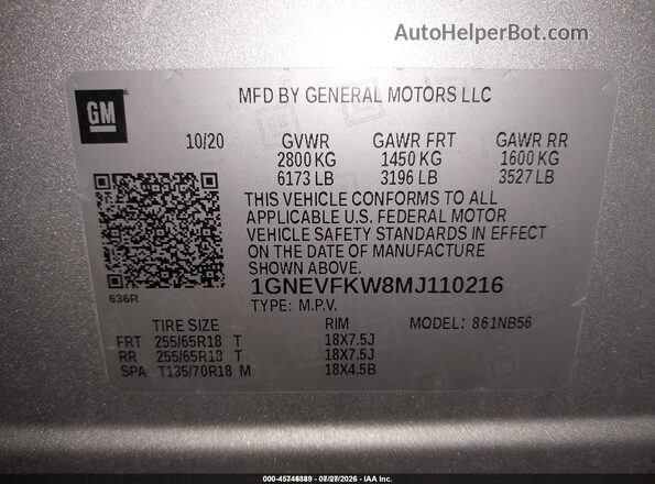 1GNEVFKW8MJ110216 2021 CHEVROLET TRAVERSE Серебряный Вид подкапотного пространства