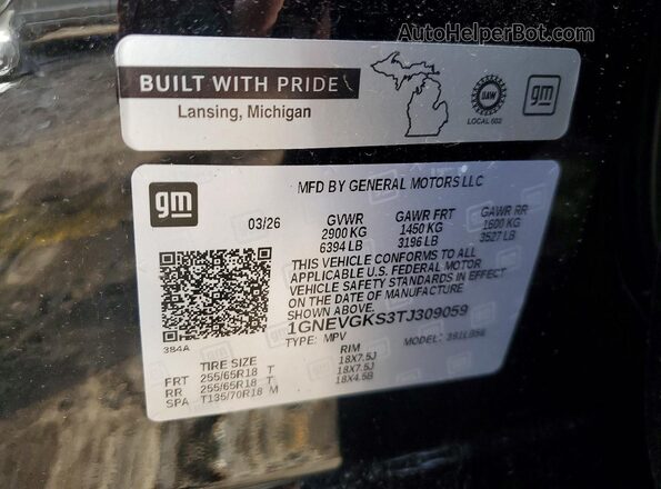 1GNEVGKS3TJ309059 2026 CHEVROLET TRAVERSE Black VIN sticker view